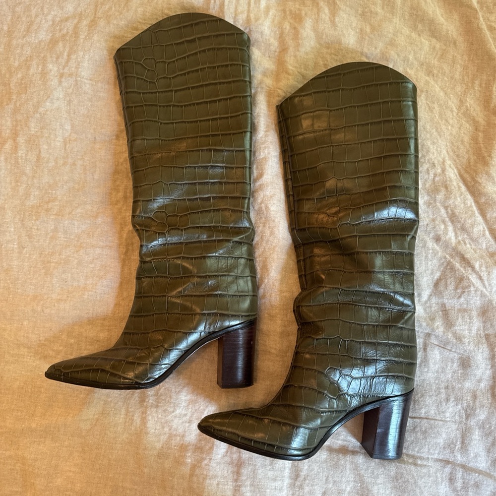 SCHUTZ Green Crocodile-Embossed Heeled Boots